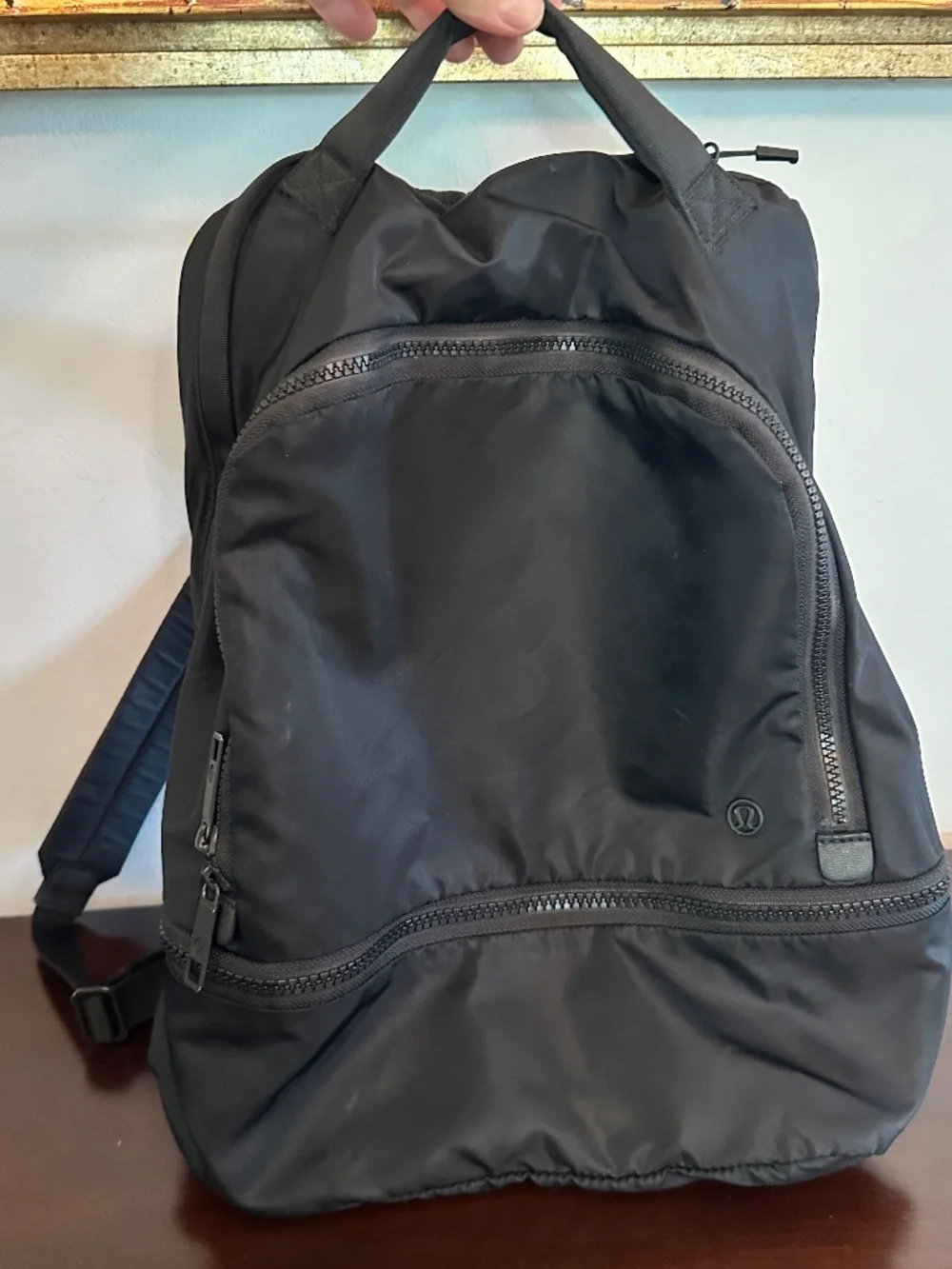 Lululemon Backpack Black On Black Shoulder Straps Zip Close Mesh Compartments